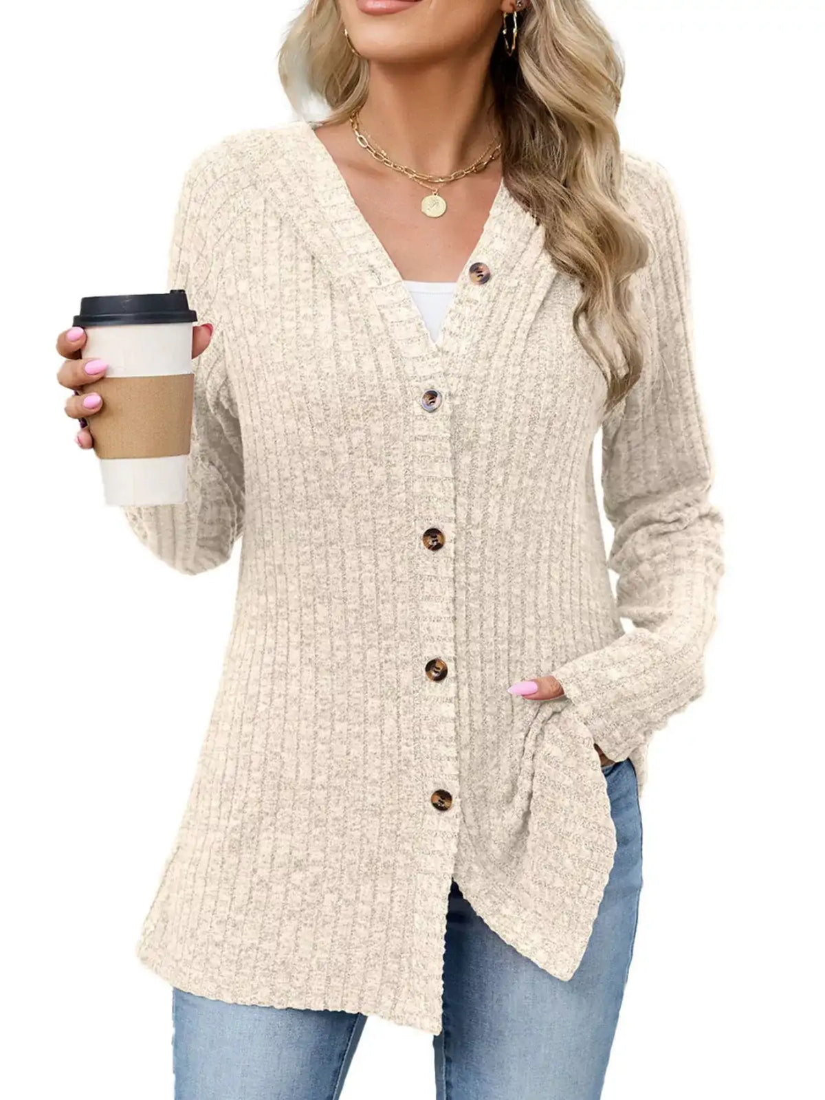 Ribbed Knit Hooded Button-Down Cardigan - Trendsi - Flyclothing LLC