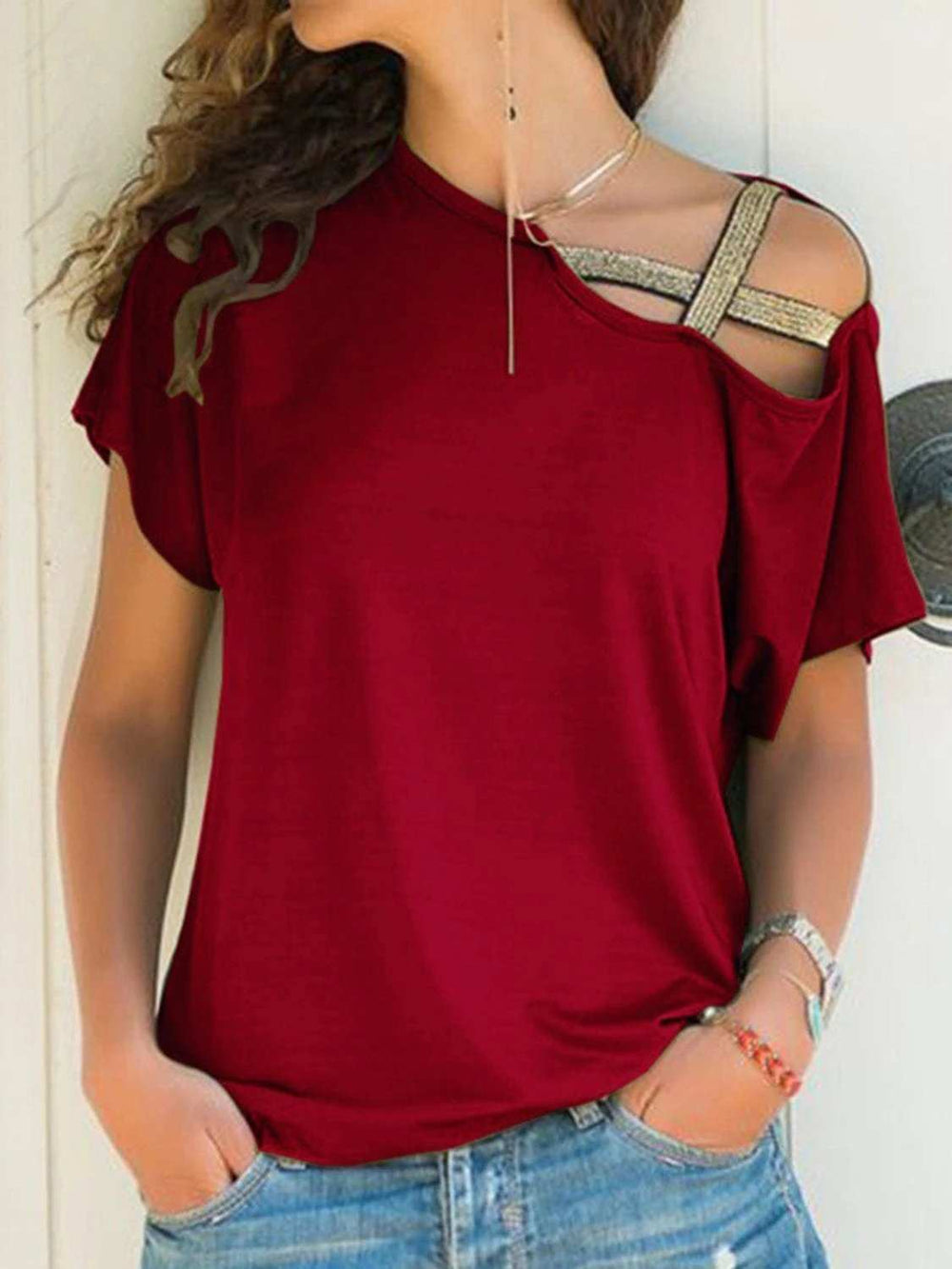 Asymmetrical Neck Short Sleeve T-Shirt - Trendsi - Flyclothing LLC