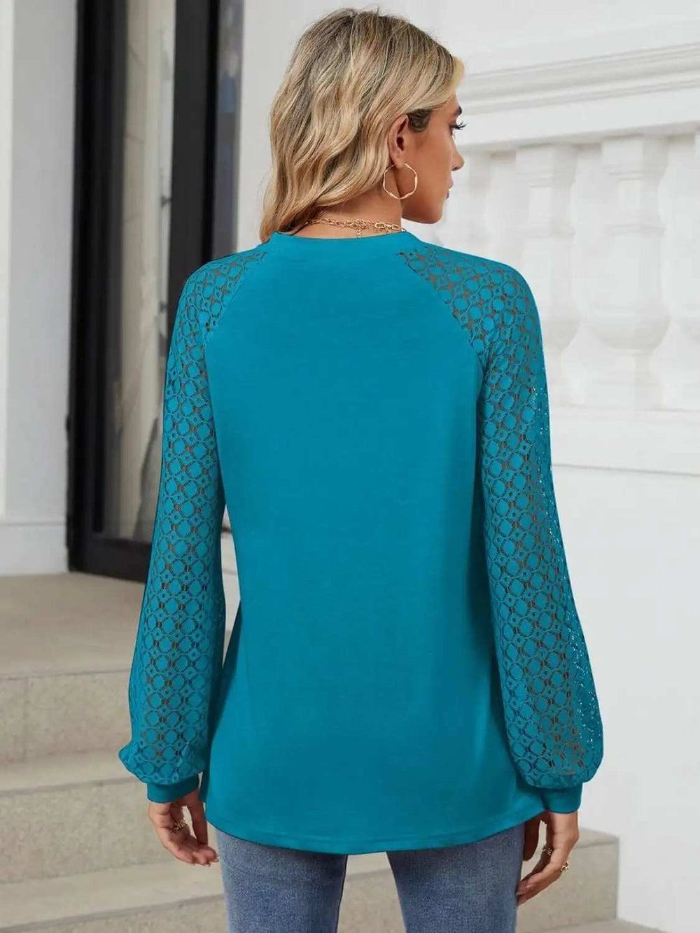 Round Neck Lace Long Sleeve Top - Trendsi - Flyclothing LLC