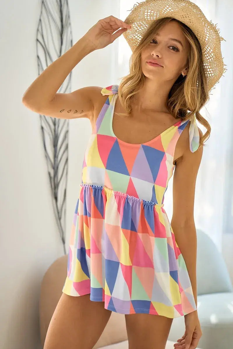 BiBi Multi Color Block Brushed Tied Ribbon Shoulder Top - Trendsi - Flyclothing LLC