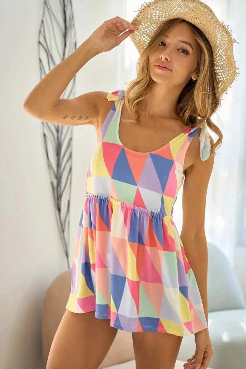 BiBi Multi Color Block Brushed Tied Ribbon Shoulder Top - Trendsi - Flyclothing LLC