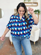 Double Take Full Size Geometric Notched Half Sleeve Blouse - Trendsi - Flyclothing LLC