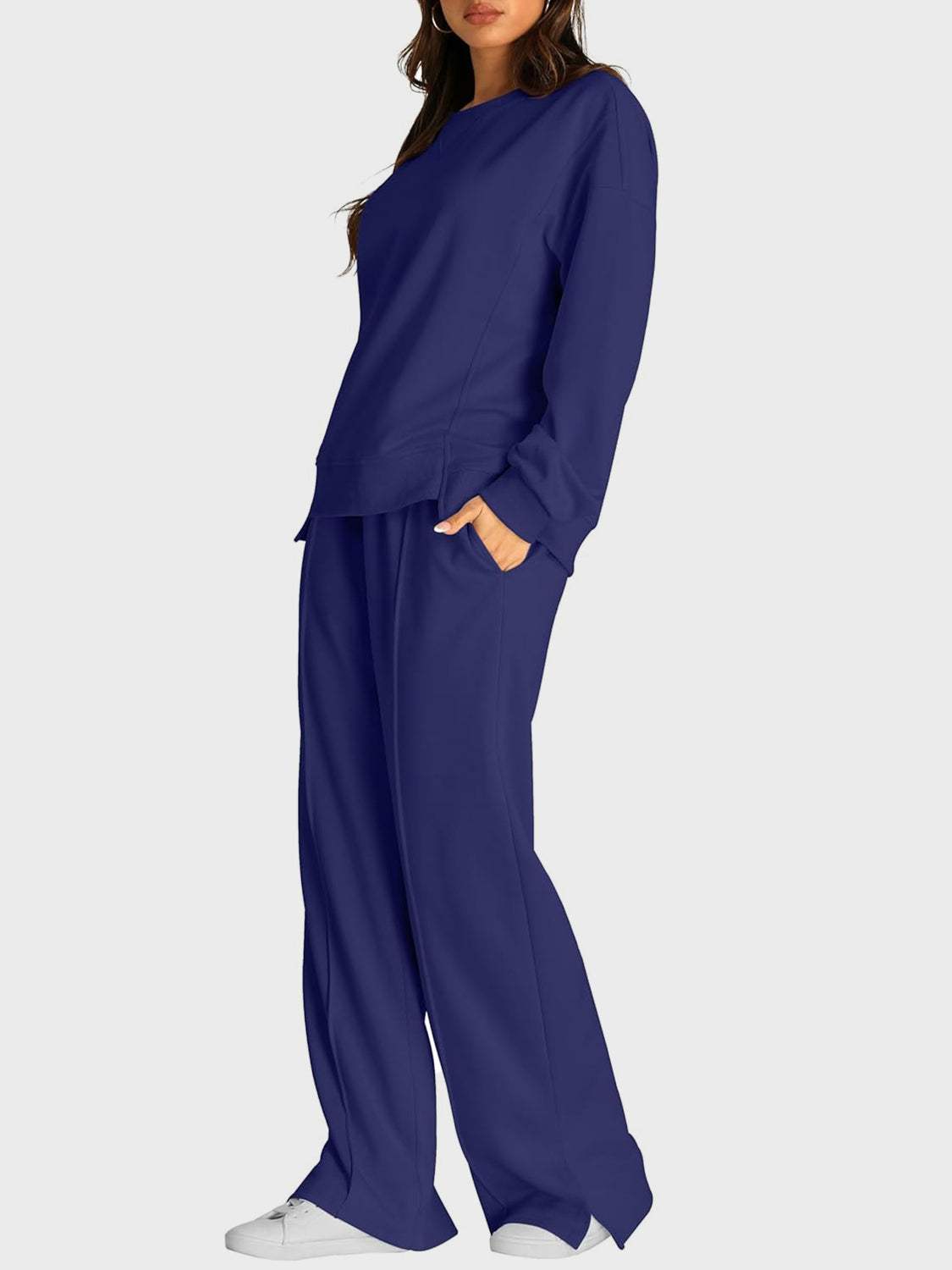 Round Neck Long Sleeve Top and Slit Pants Set - Trendsi - Flyclothing LLC