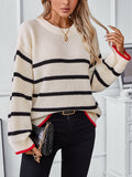 Striped Round Neck Dropped Shoulder Sweater - Trendsi