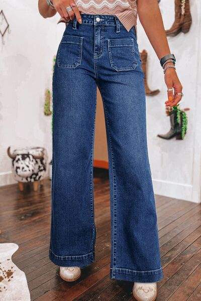 Front Pocket Patch High Waisted Wide Leg Jeans - Trendsi - Flyclothing LLC