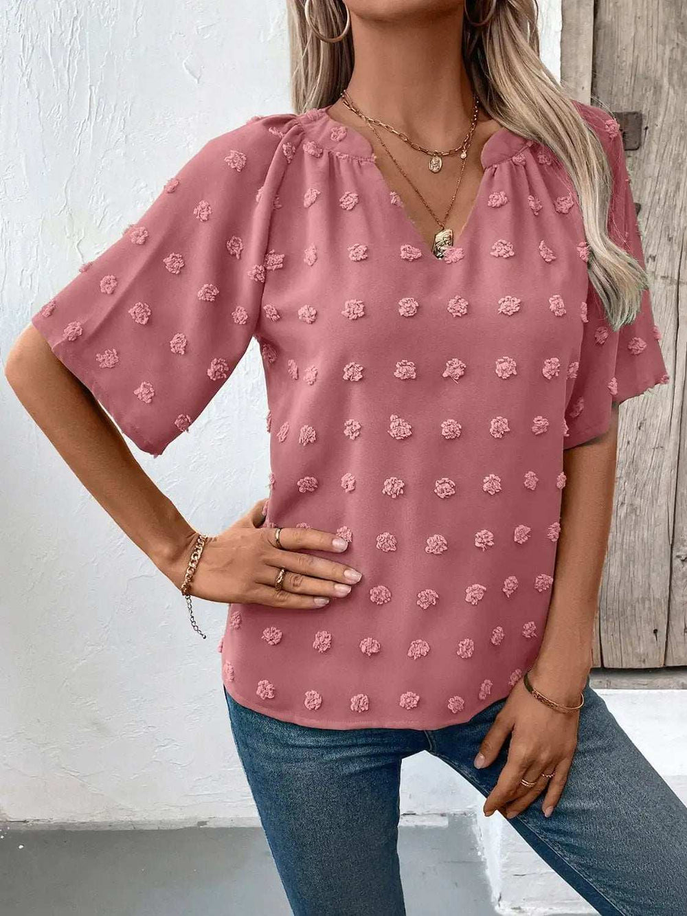 Swiss Dot Notched Half Sleeve Blouse - Trendsi - Flyclothing LLC