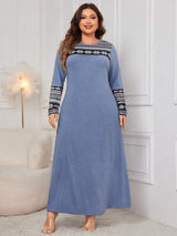 Plus Size Printed Round Neck Long Sleeve Dress - Trendsi - Flyclothing LLC