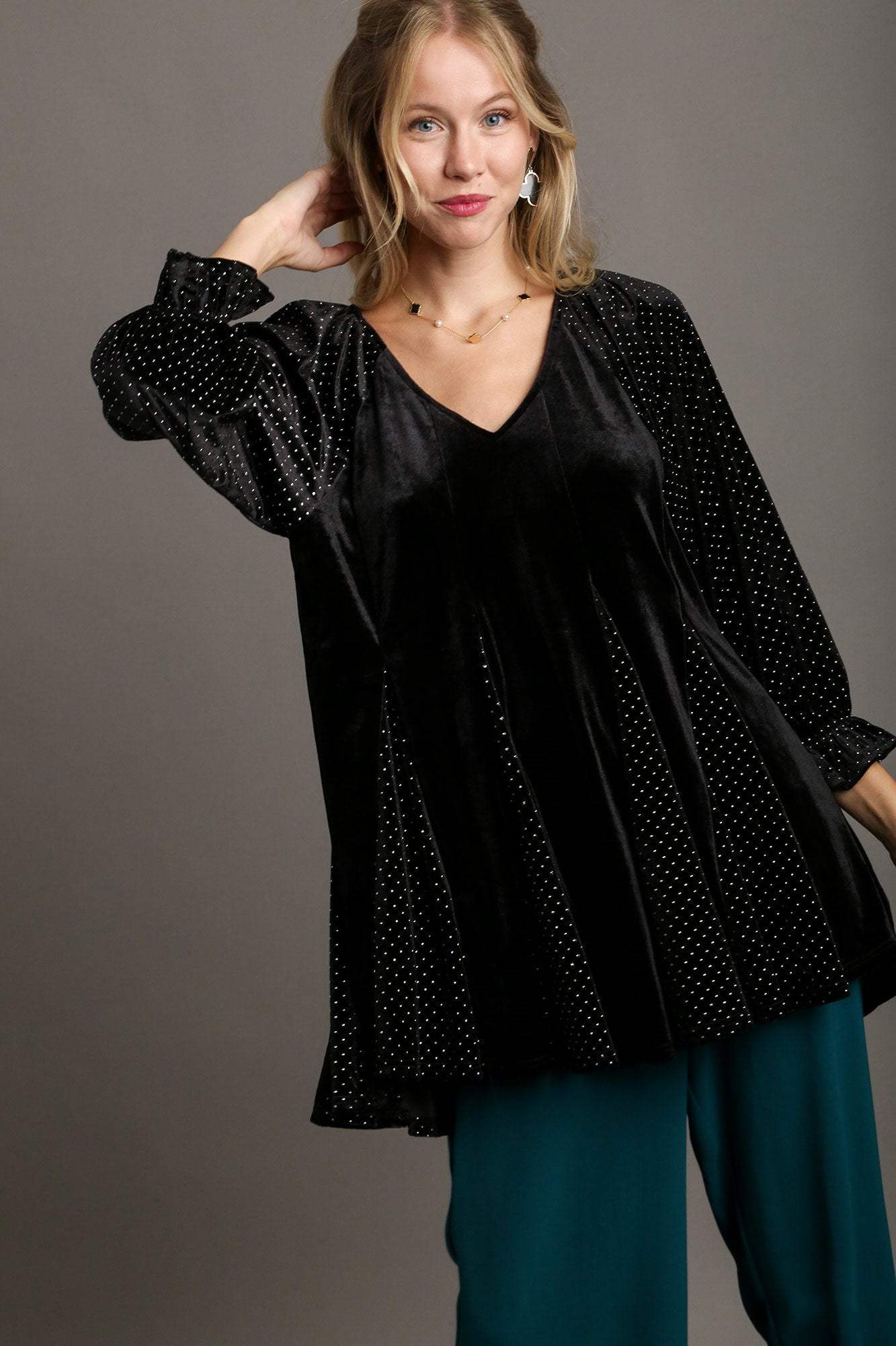 Umgee Godet Hem Polka Dot V-Neck Blouse - Trendsi - Flyclothing LLC