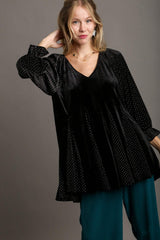 Umgee Godet Hem Polka Dot V-Neck Blouse - Trendsi - Flyclothing LLC
