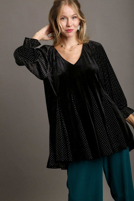 Umgee Godet Hem Polka Dot V-Neck Blouse - Trendsi - Flyclothing LLC