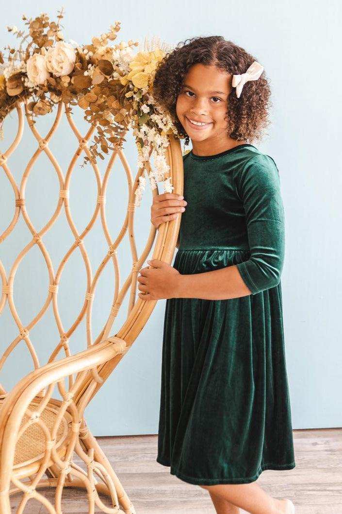 Hunter Green Velvet Twirl Dress - Mila & Rose ® - Flyclothing LLC
