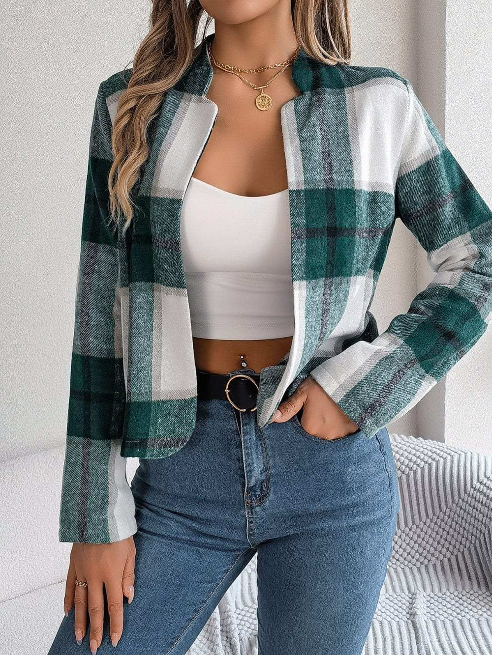Plaid Open Front Long Sleeve Jacket - Trendsi - Flyclothing LLC