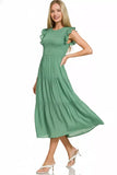 Zenana Woven Smocked Ruffle Sleeve Midi Dress - Trendsi - Flyclothing LLC