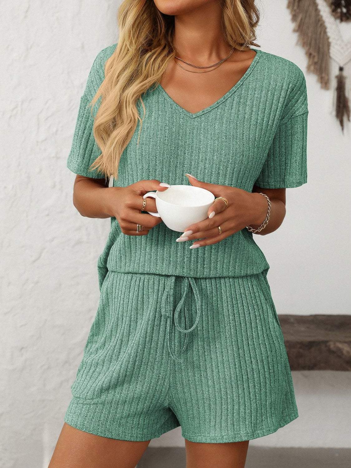 Mandy V-Neck Short Sleeve Top and Shorts Set - Trendsi - Flyclothing LLC