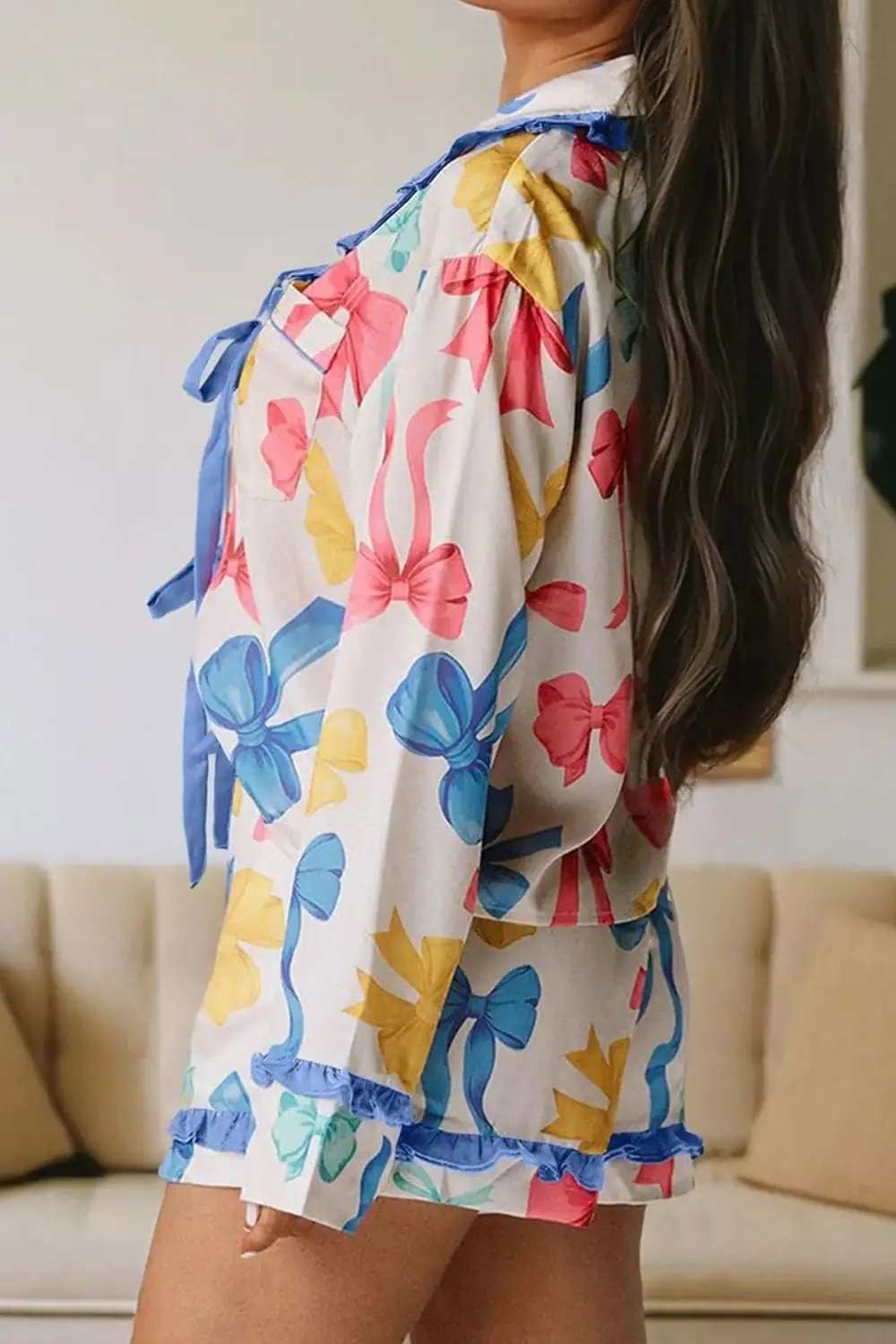 Bow Print Collared Neck Top and Shorts Lounge Set - Trendsi - Flyclothing LLC