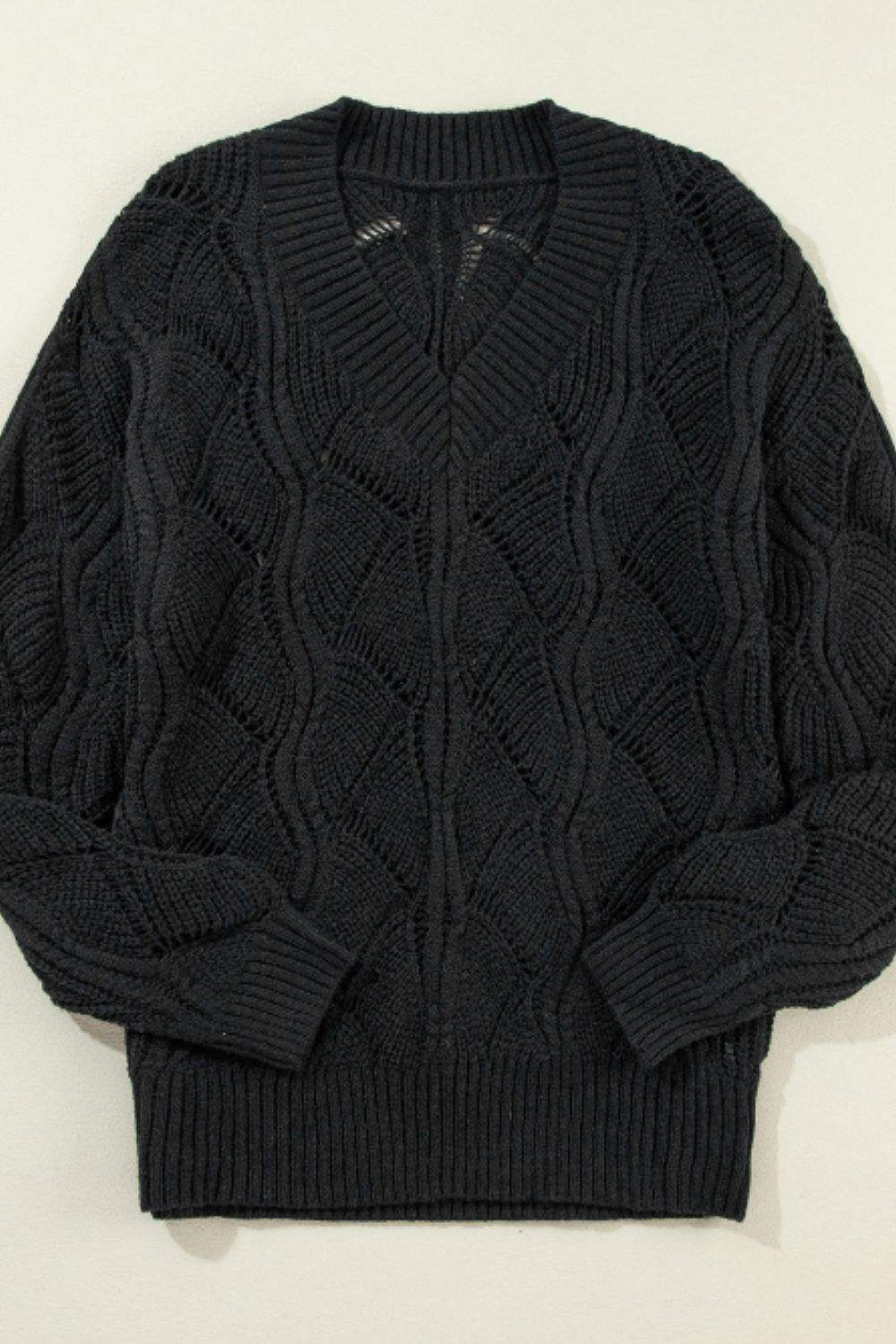 Openwork V-Neck Long Sleeve Sweater - Trendsi - Flyclothing LLC