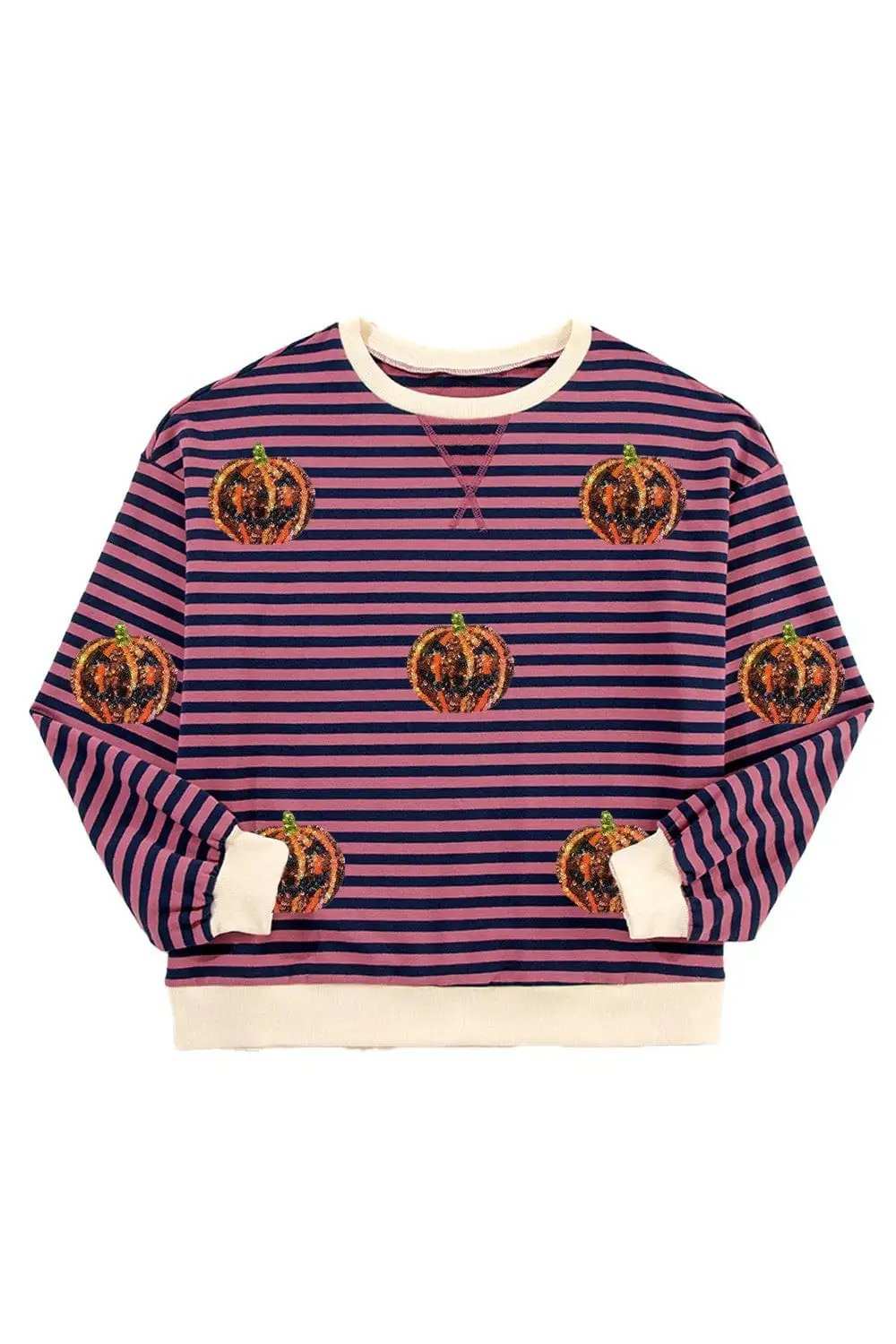 Pumpkin Striped Round Neck Long Sleeve Sweatshirt - Trendsi - Flyclothing LLC