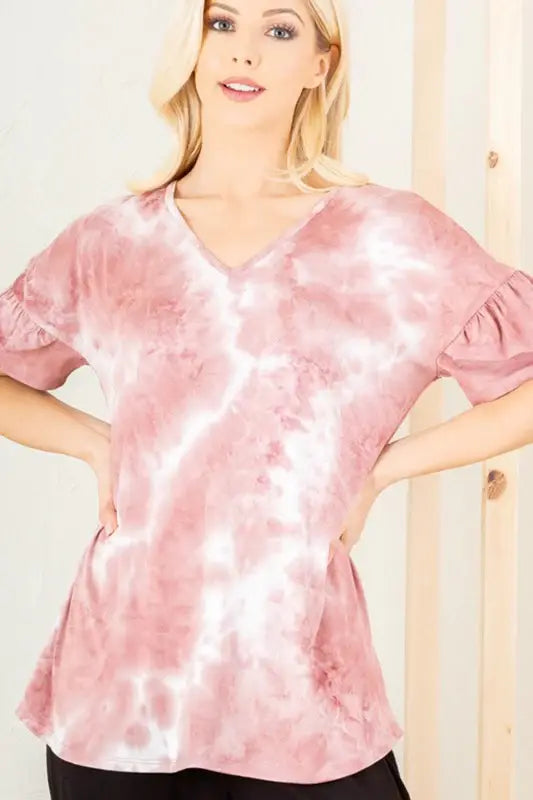Heimish Full Size Ruffled Sleeve Tie Dye Top Plus Size - Trendsi - Flyclothing LLC