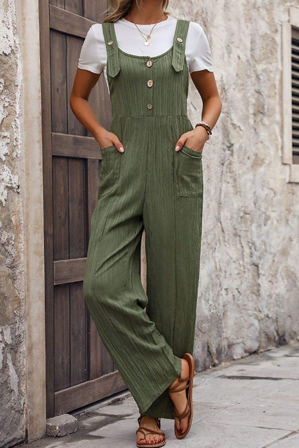 Textured Pocketed Wide Strap Overalls - Trendsi - Flyclothing LLC
