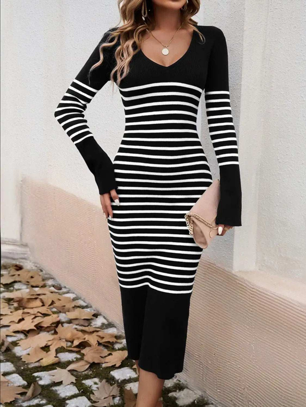 Striped V-Neck Long Sleeve Sweater Dress - Trendsi - Flyclothing LLC