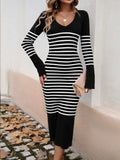 Striped V-Neck Long Sleeve Sweater Dress - Trendsi - Flyclothing LLC