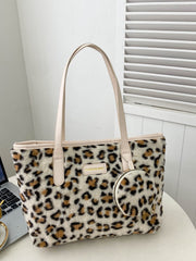 Leopard Faux Fur Tote Bag with Coin Purse - Trendsi