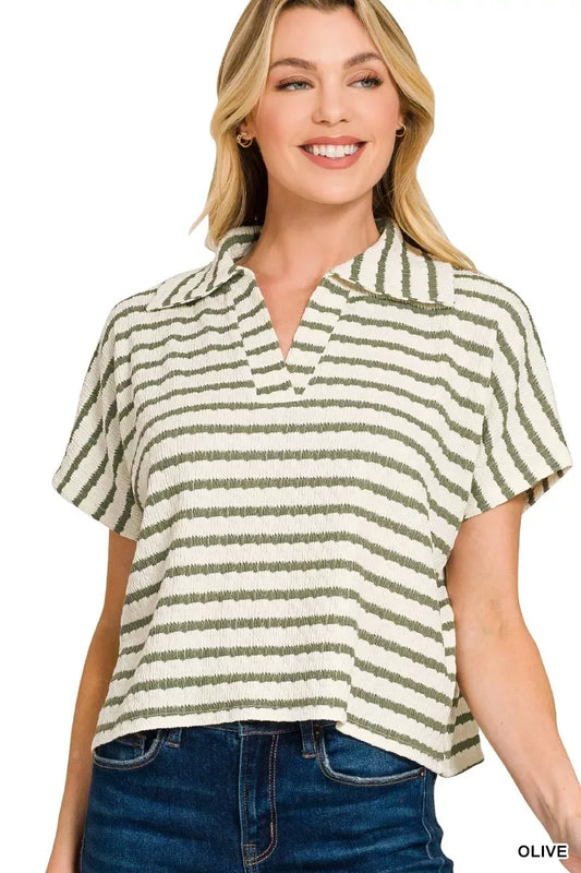 Zenana Striped Split Neck Collared Top - Trendsi - Flyclothing LLC