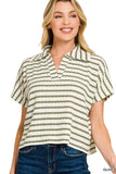 Zenana Striped Split Neck Collared Top - Trendsi - Flyclothing LLC