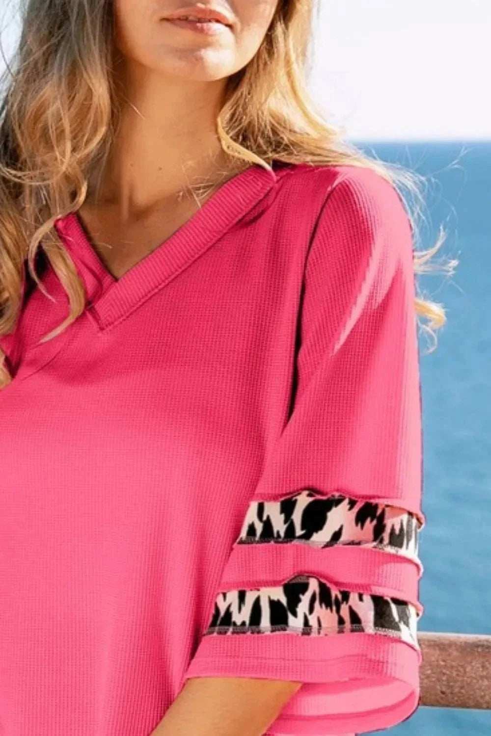 BiBi Leopard Print Contrast Tiered Sleeves Thermal Top - Trendsi - Flyclothing LLC