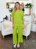 Double Take Full Size Texture Round Neck Short Sleeve T-Shirt and Wide Leg Pants - Trendsi - Flyclothing LLC