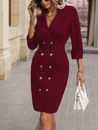 Double-Breasted Lapel Collar Long Sleeve Dress - Trendsi - Flyclothing LLC