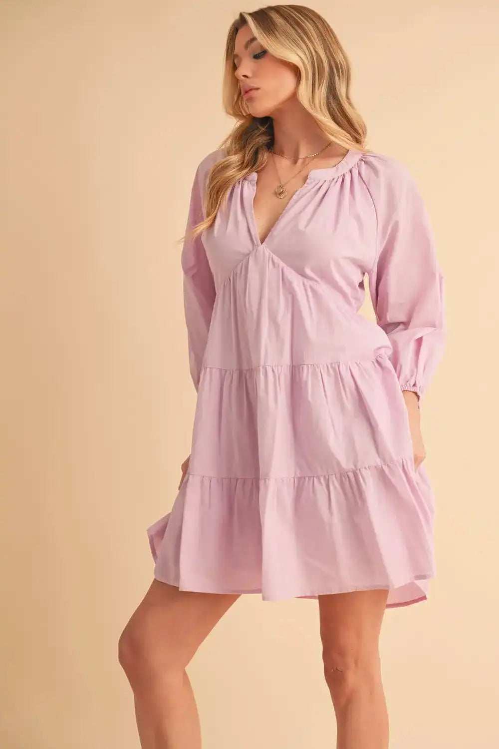 Aemi + Co Notched Balloon Sleeve Tiered Mini Dress - Trendsi - Flyclothing LLC