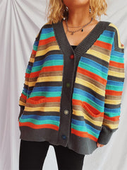 Contrast Stripes Button Up Long Sleeve Cardigan - Trendsi