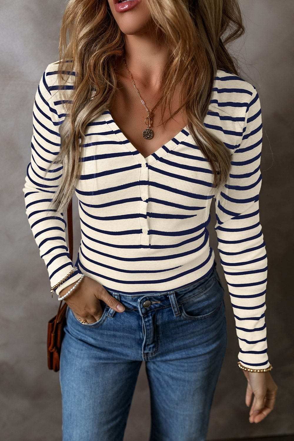 Striped V-Neck Long Sleeve Top - Trendsi - Flyclothing LLC