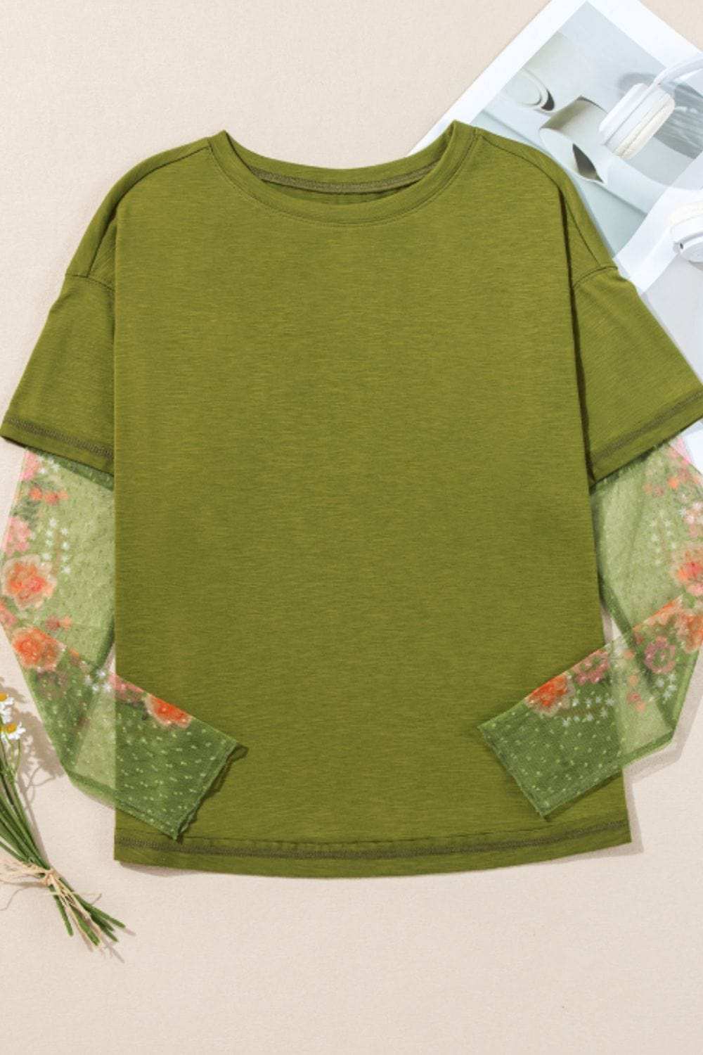 Faux Two Piece Floral Long Sleeve Patchwork Top - Trendsi - Flyclothing LLC