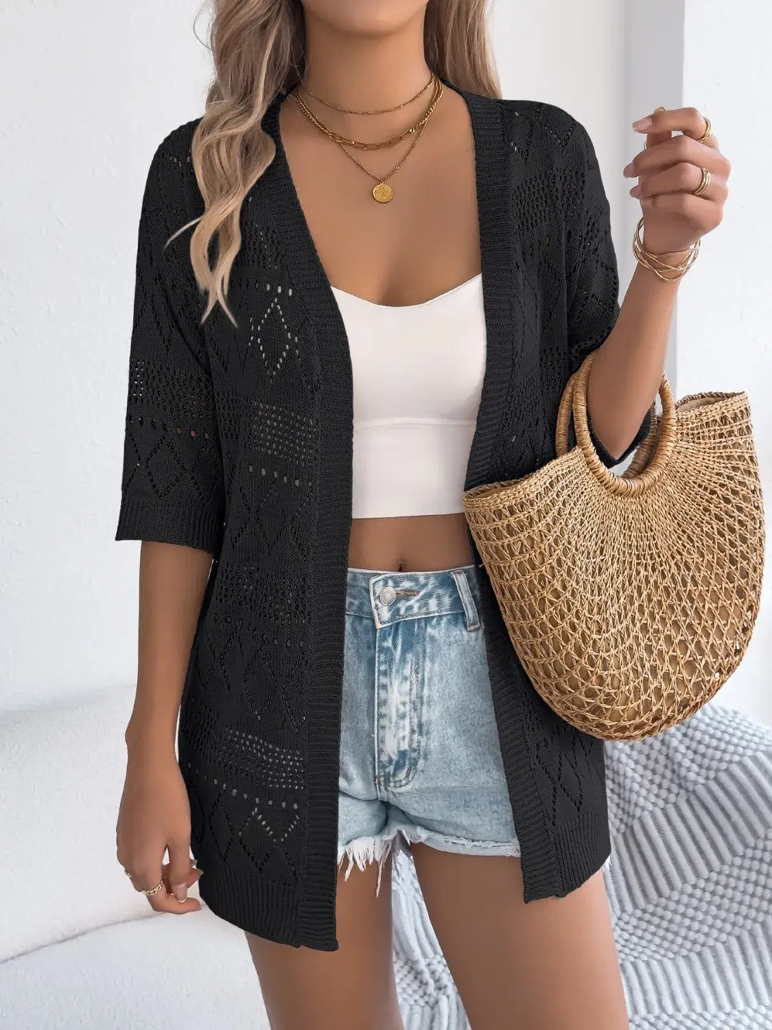 Openwork Open Front Half Sleeve Cardigan - Trendsi - Flyclothing LLC