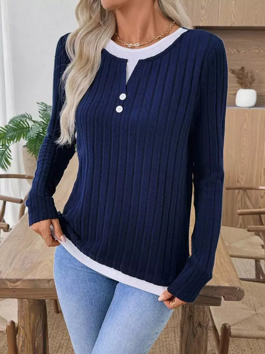Ribbed Knit Long Sleeve Fake Two-Piece T-Shirt - Trendsi - Flyclothing LLC