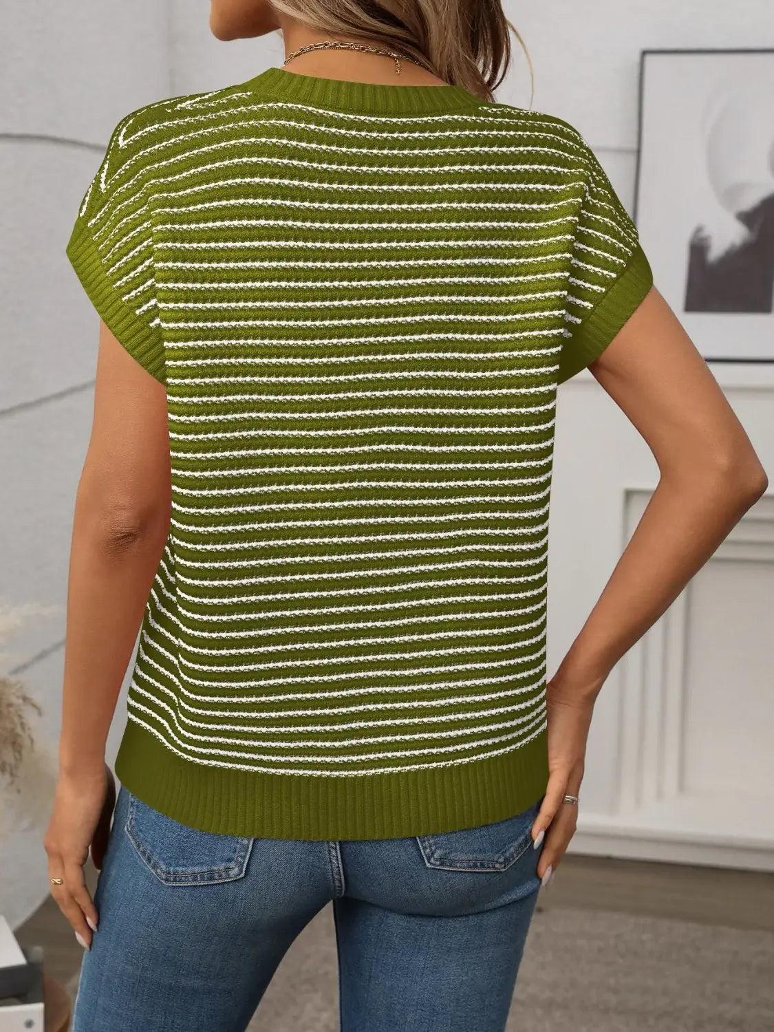 Striped Round Neck Short Sleeve Knit Top - Trendsi - Flyclothing LLC