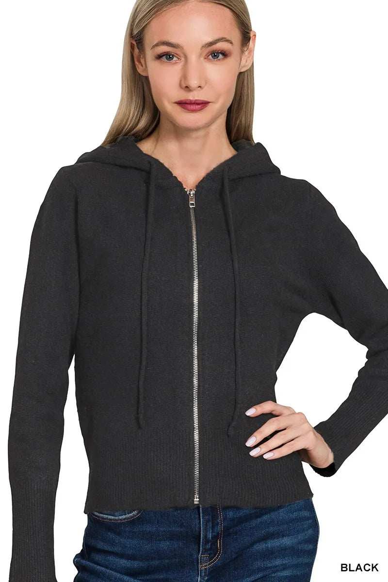 Zenana Drawstring Zip Up Hooded Cardigan - Trendsi - Flyclothing LLC