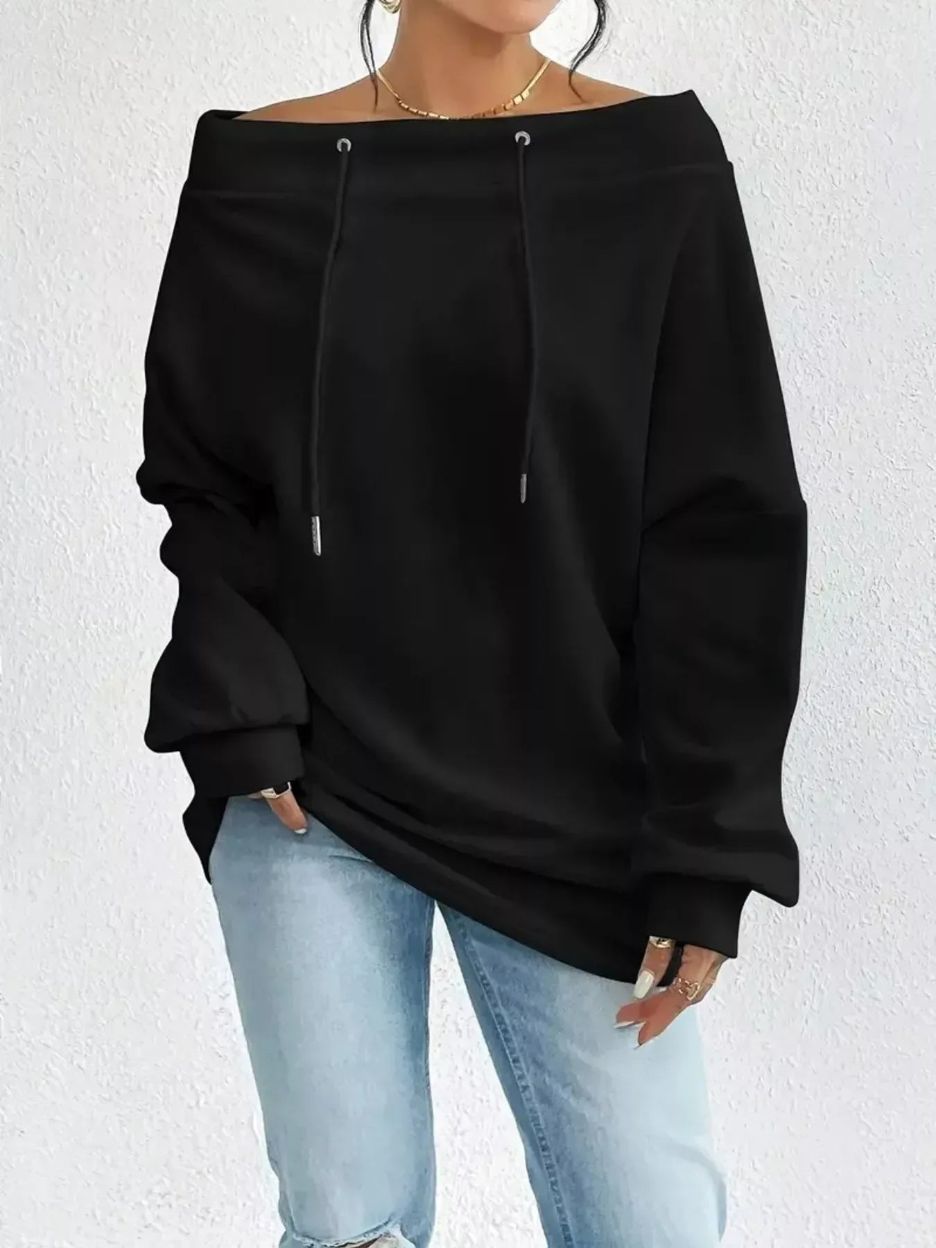 Off-Shoulder Drawstring Sweatshirt - Trendsi - Flyclothing LLC
