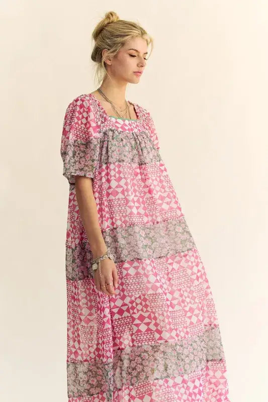 Davi & Dani Multi Floral Square Neck Puff Sleeve Maxi Dress - Trendsi - Flyclothing LLC