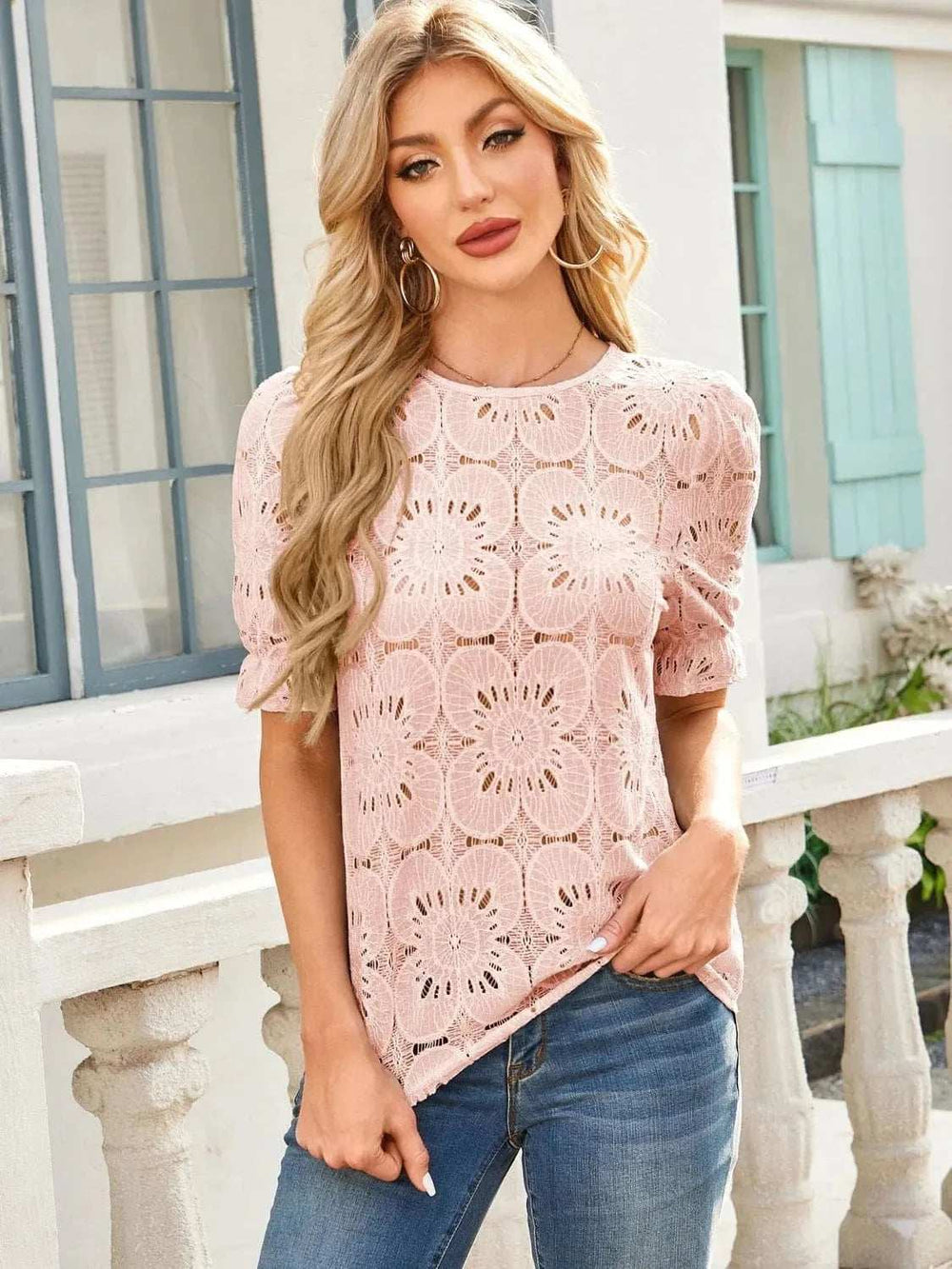 Openwork Round Neck Short Sleeve Top - Trendsi - Flyclothing LLC