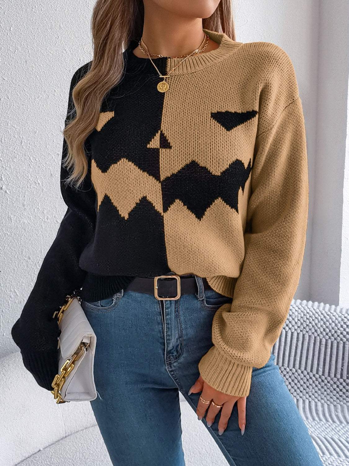 Contrast Round Neck Long Sleeve Sweater - Trendsi - Flyclothing LLC