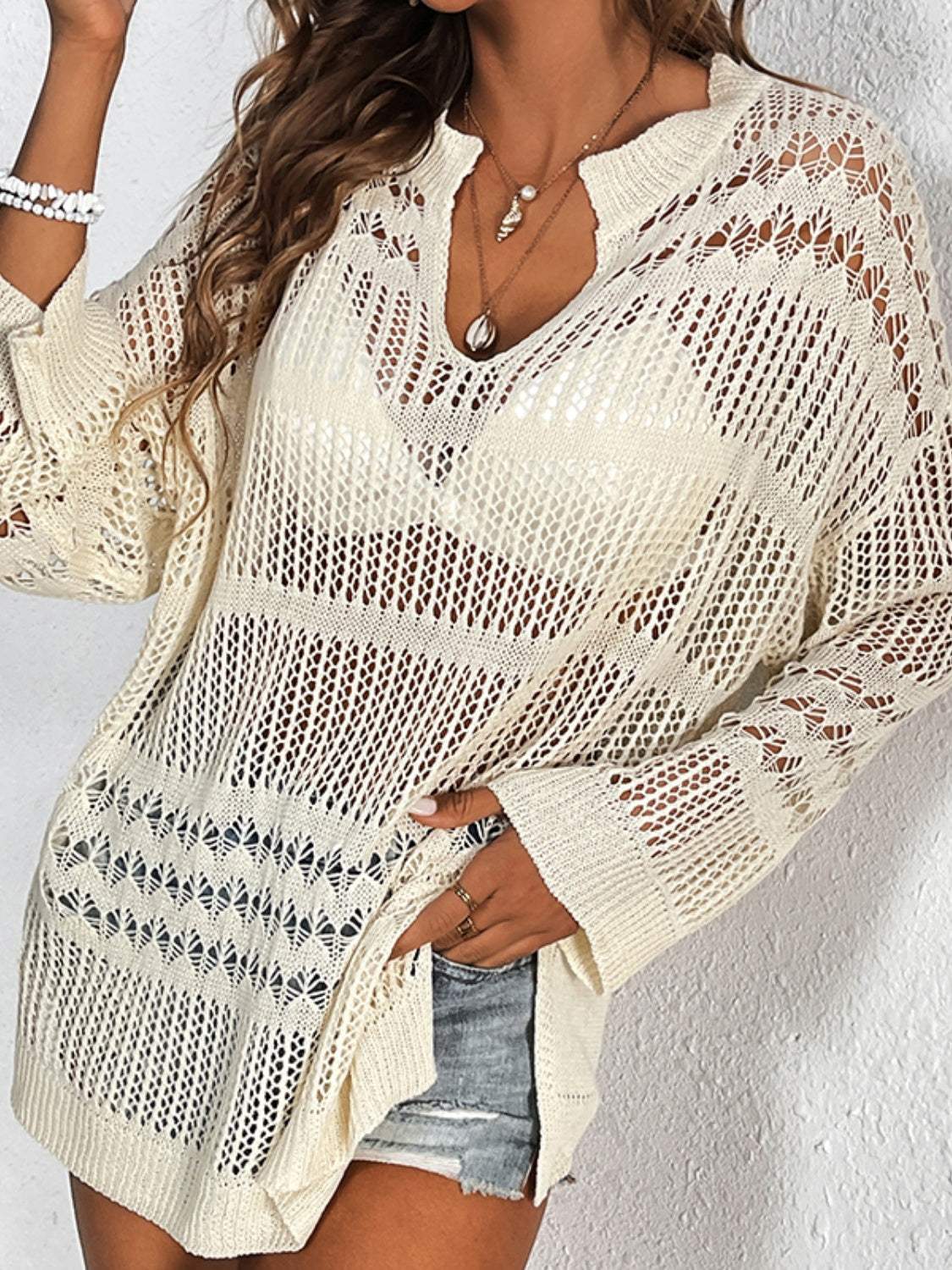 Cutout Notched Long Sleeve Cover-Up - Trendsi - Flyclothing LLC