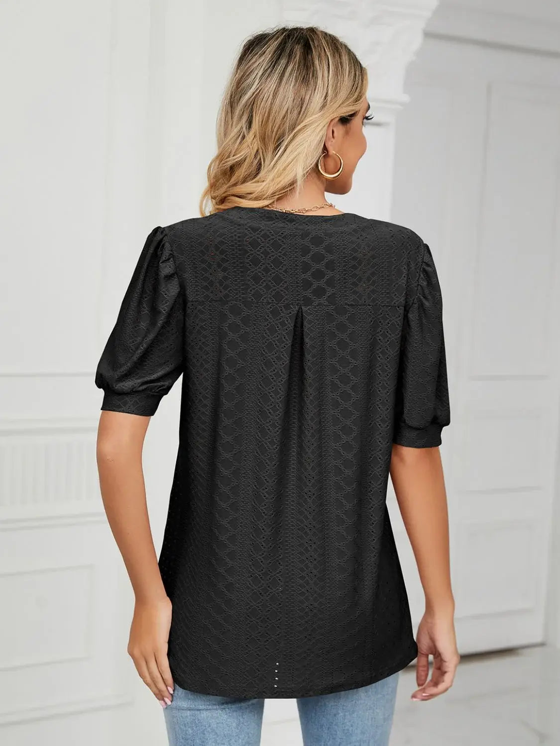 Florira Eyelet Notched Short Sleeve T-Shirt - Trendsi - Flyclothing LLC