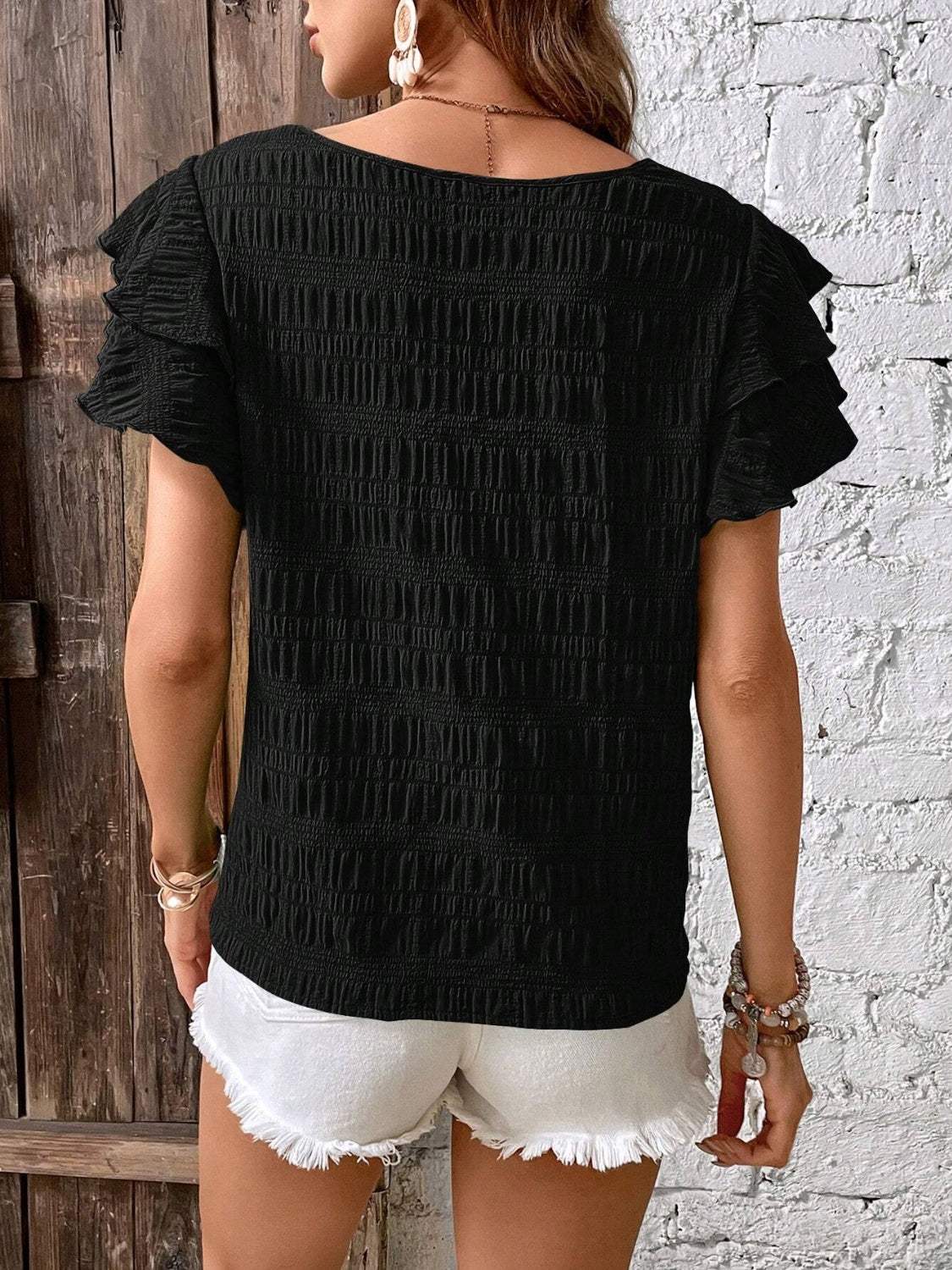 Round Neck Flounce Sleeve Blouse - Trendsi - Flyclothing LLC