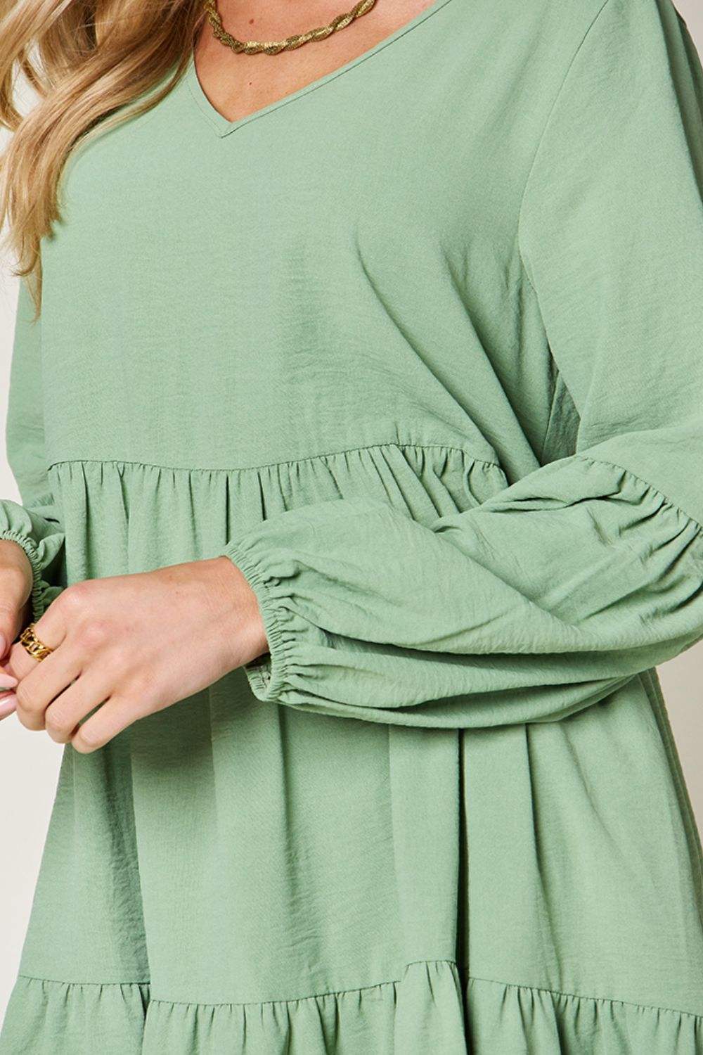 Double Take Full Size V-Neck Balloon Sleeve Tiered Dress - Trendsi - Flyclothing LLC