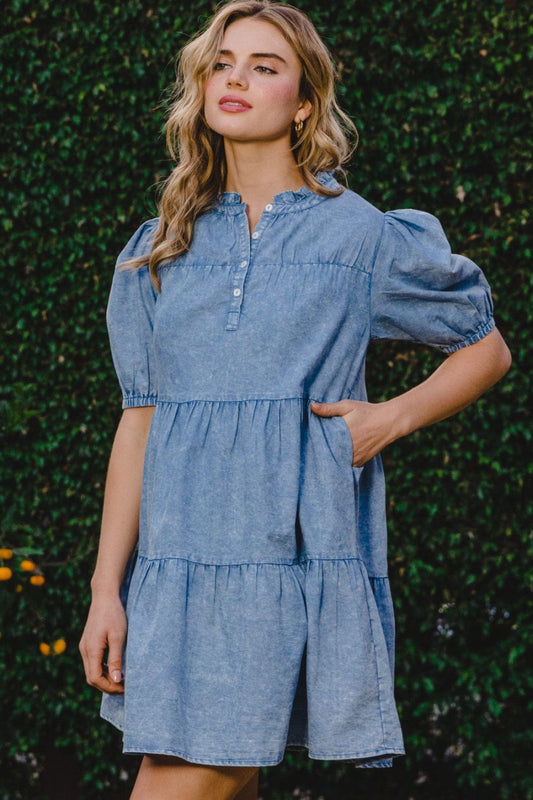 ODDI Washed Tiered Mini Denim Dress - Trendsi