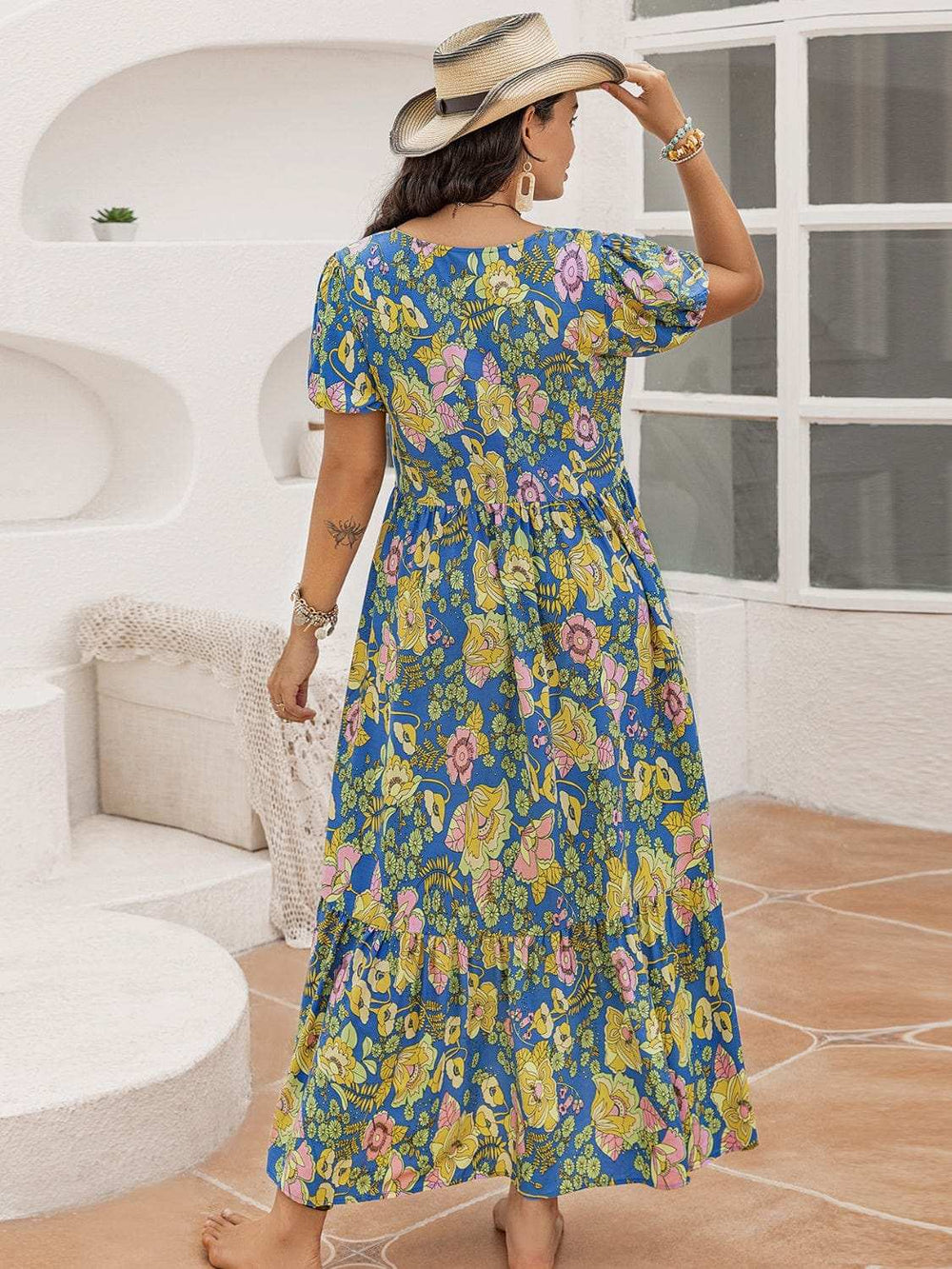 Plus Size Printed V-Neck Short Sleeve Maxi Dress - Trendsi - Flyclothing LLC
