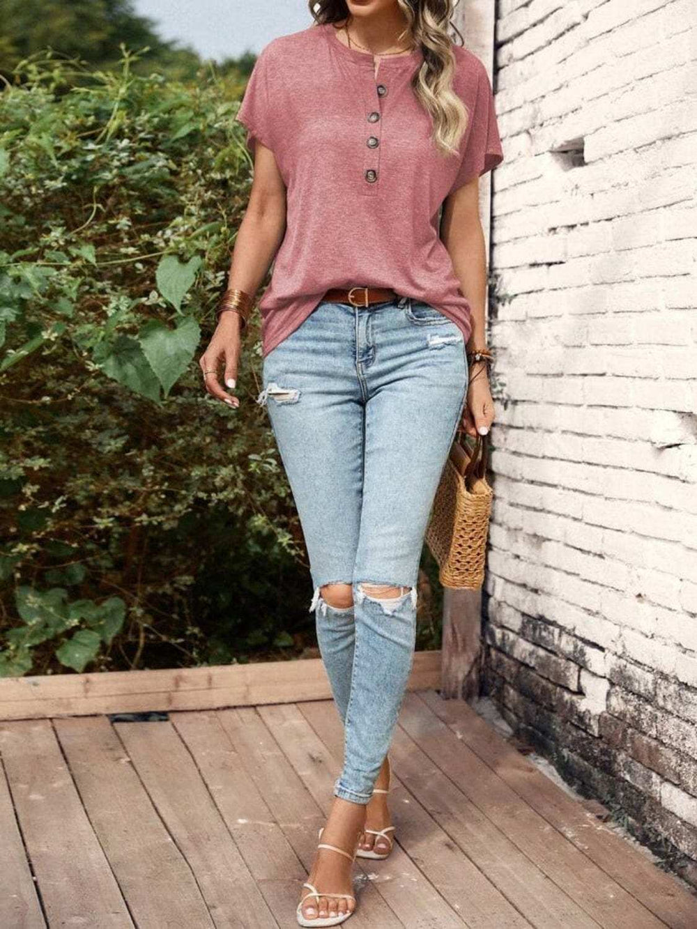 Half Button Short Sleeve Top - Trendsi - Flyclothing LLC